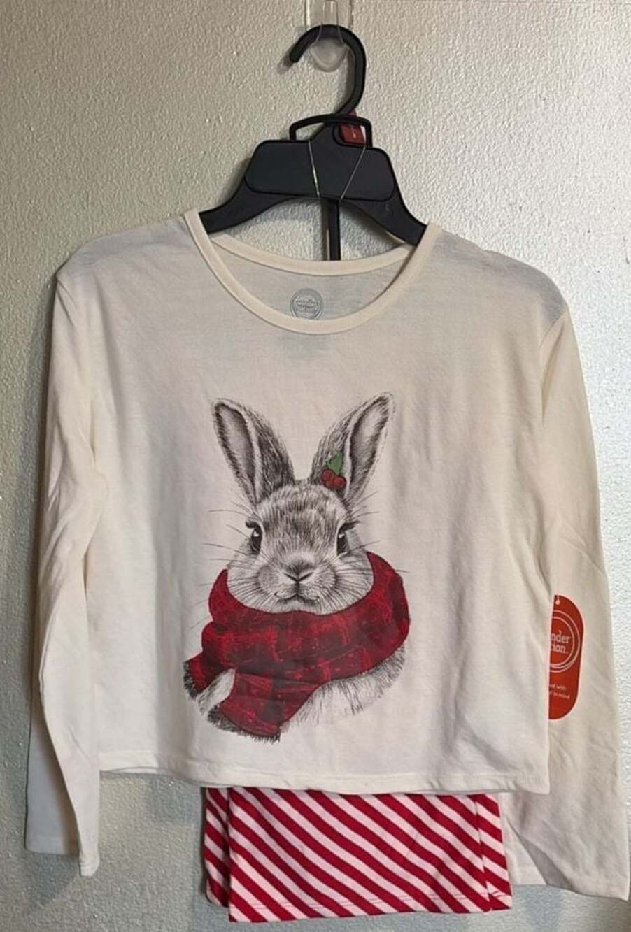 WonderNation Holiday 2PC Set Bunny Graphic Long Sleeve Top and RedStriped Pants